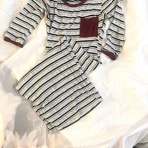SOLD.   
A white, black and burgandy striped long/tea length dress
